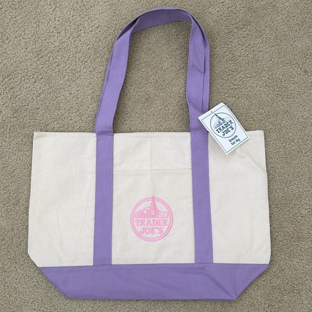 Trader Joe’s large cream and lavender tote bag